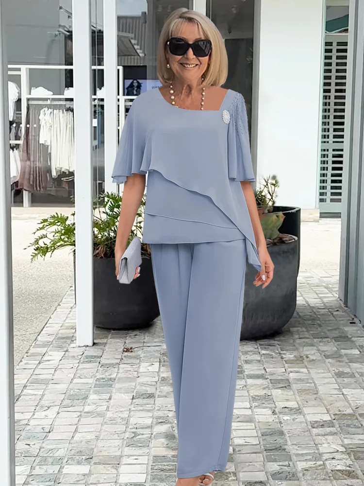 Women's Breathable Fabric Two-Piece Set | Elegant Short-Sleeve Top and Straight-Leg Pants 0