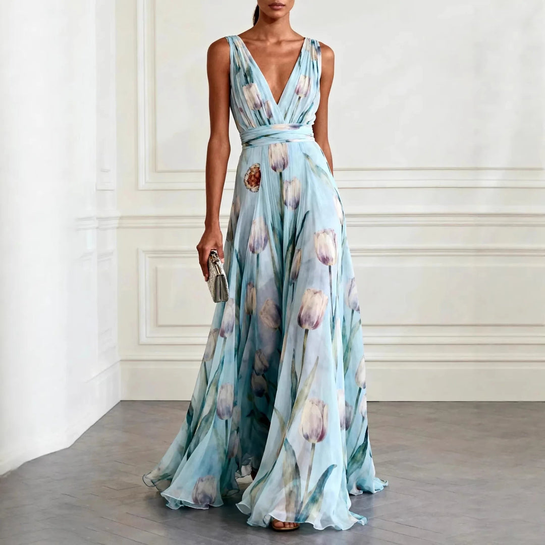 Women's Elegant Chiffon Wedding Guest Dress | Flowing Tulip Print Evening Gown 0