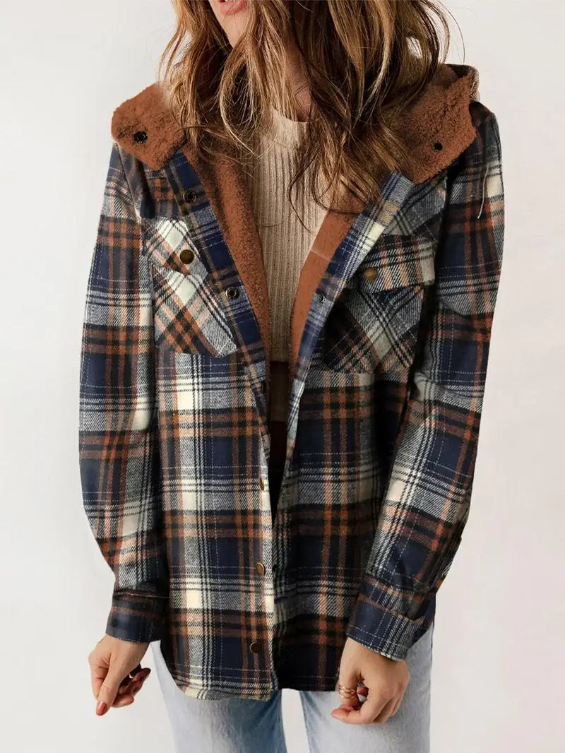 Women's Fleece-Lined Plaid Jacket | Cozy Hooded Button-Down Outerwear 0