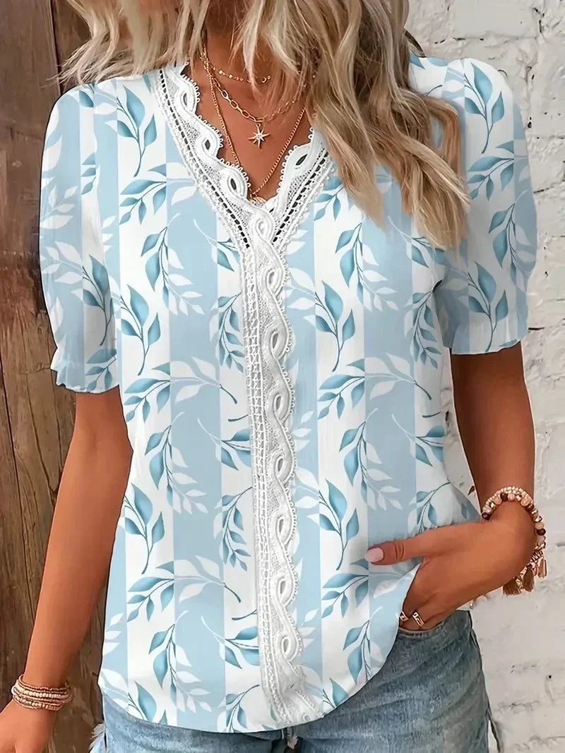 Women's Floral Lace Blouse | Elegant V-Neck Casual Top | Comfortable Relaxed Fit 0