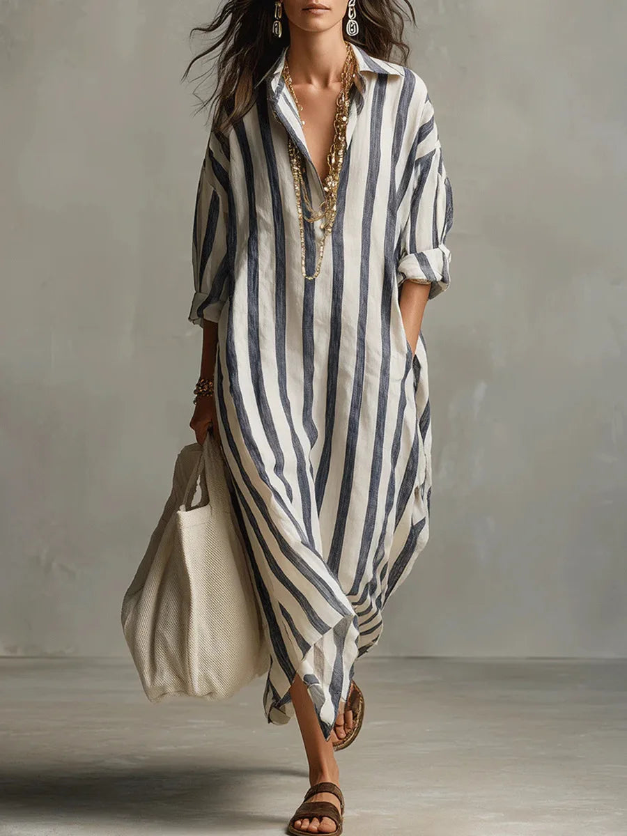 Women's Lightweight Linen Blend Shirt Dress | Casual Striped V-Neck Dress 0
