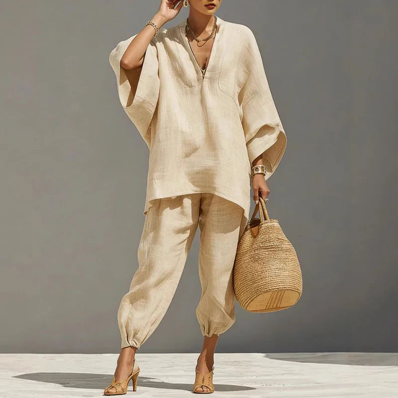 Women's Lightweight Linen Two-Piece Set | Relaxed Batwing Sleeve Top and Tapered Pants 0